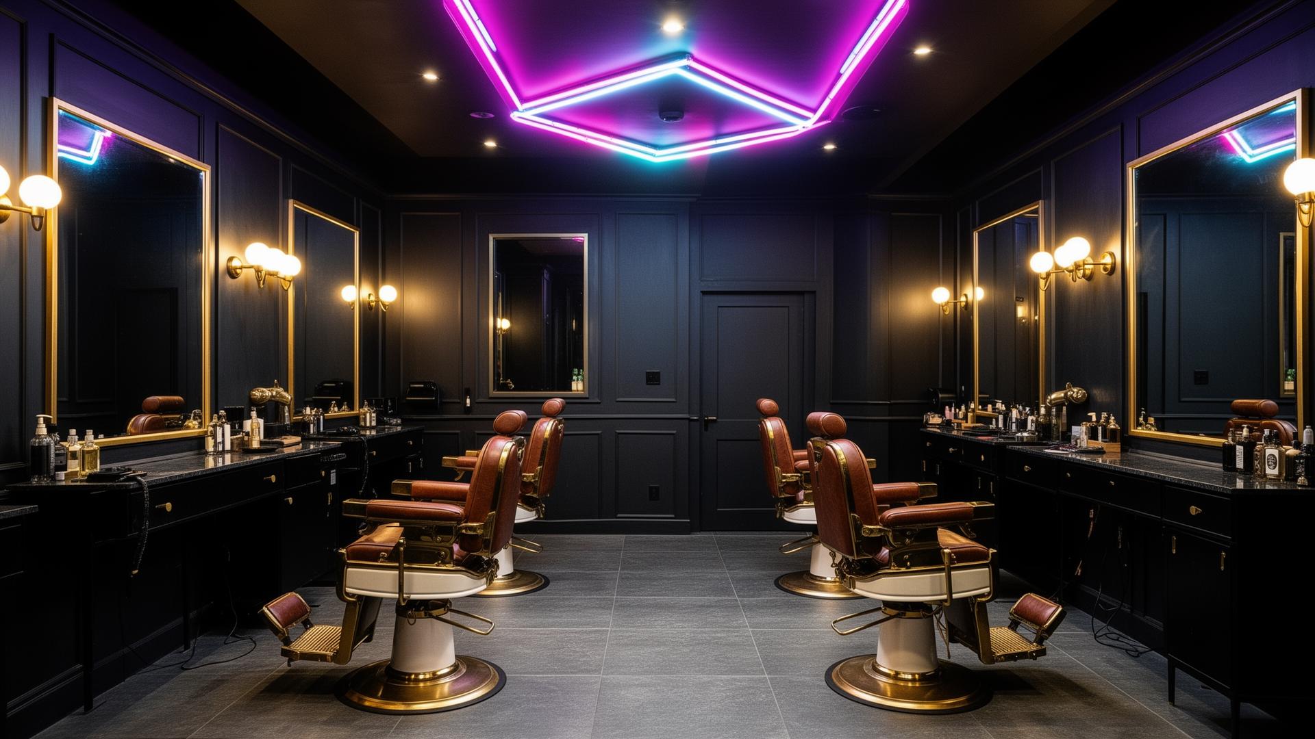 A&R Master BarberShop futuristic interior with LED hexagon ceiling